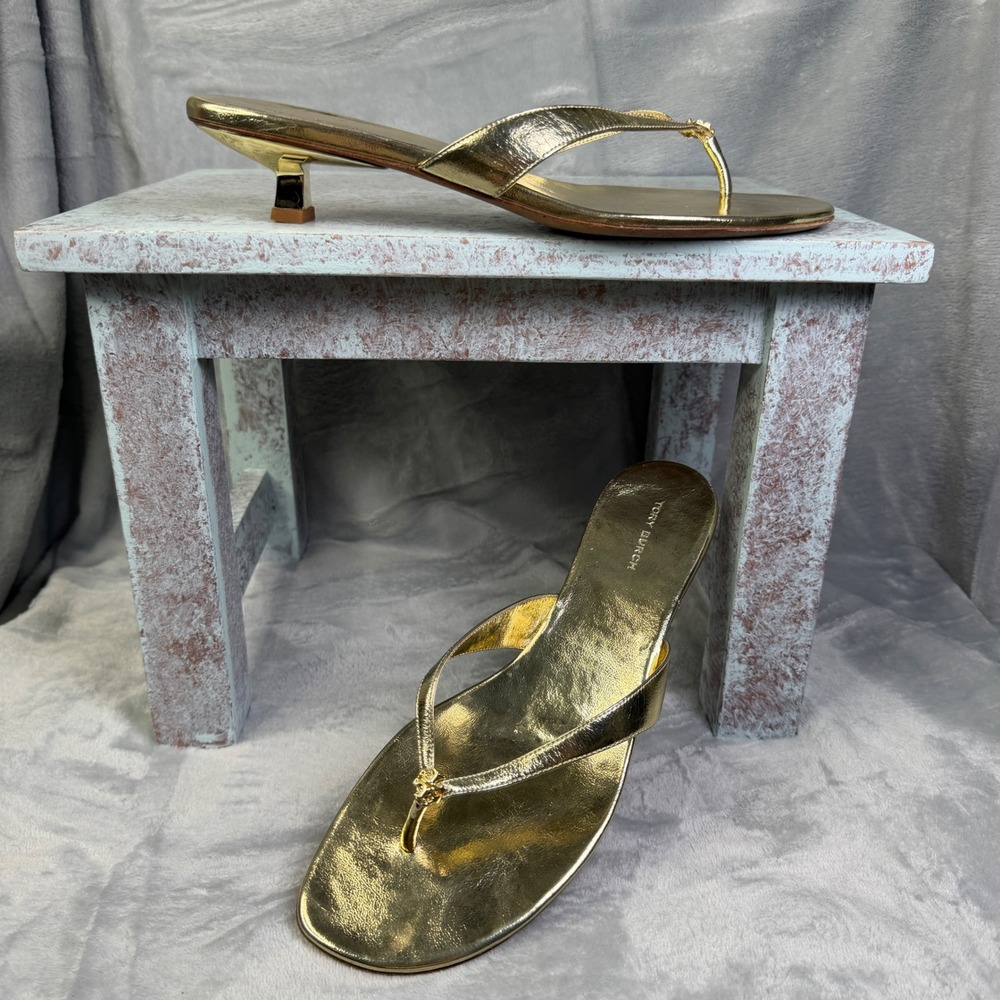 Tory Burch Capri Metallic Kitten-Heel Thong Sandals Womens 10 Gold Leather Logo
